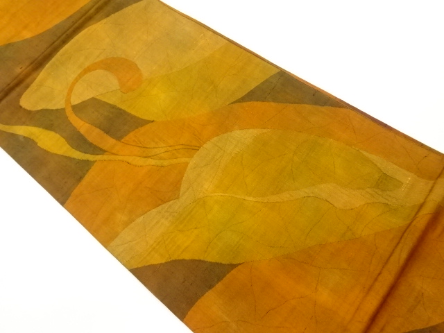 リサイクル　手織り紬すくい織葉に枝模様織出し袋帯